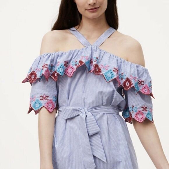 Loft Stripe Ruffle Boho Embroidered Dress Vacation Cruise Resort Wear New - Picture 8 of 16